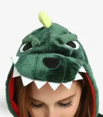 Close-up of the dark green Dinosaur Kigurumi hood showing the funny teeth and character eyes.