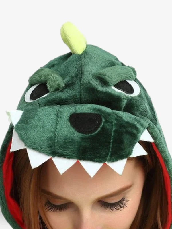 Close-up of the dark green Dinosaur Kigurumi hood showing the funny teeth and character eyes.