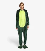 Front view of the warm Dinosaur Pajamas highlighting the bright green belly and relaxed fit.