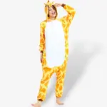 Woman posing playfully in the comfortable Giraffe Onesie for Adults featuring a vibrant yellow spotted pattern.
