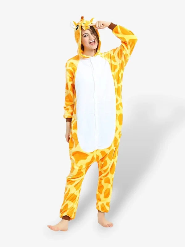 Woman posing playfully in the comfortable Giraffe Onesie for Adults featuring a vibrant yellow spotted pattern.