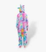 Full back view of a children's fantasy costume highlighting the fluffy multi-colored tail and vibrant pastel fleece.