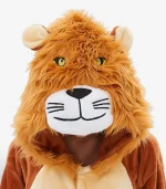Close-up of the plush Lion Kigurumi hood featuring a fluffy mane and animal face.