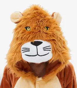 Close-up of the plush Lion Kigurumi hood featuring a fluffy mane and animal face.