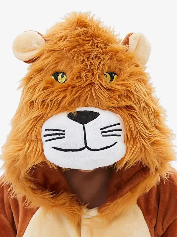 Close-up of the plush Lion Kigurumi hood featuring a fluffy mane and animal face.