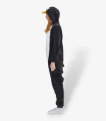 Side view highlighting the soft black fleece material of the Penguin Onesie For Adults.
