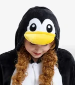 Back view displaying the full-body black fleece design of the Penguin Onesie For Adults.