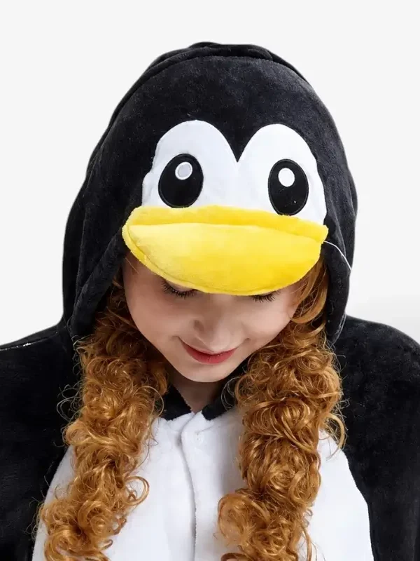 Back view displaying the full-body black fleece design of the Penguin Onesie For Adults.