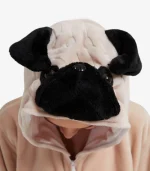 Close-up of the plush Pug Kigurumi hood showing the cute black wrinkled face and floppy ears.