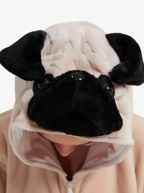 Close-up of the plush Pug Kigurumi hood showing the cute black wrinkled face and floppy ears.