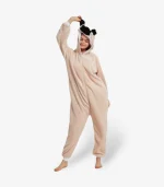 Woman playfully holding the ear of her comfortable Pug Onesie For Adults.