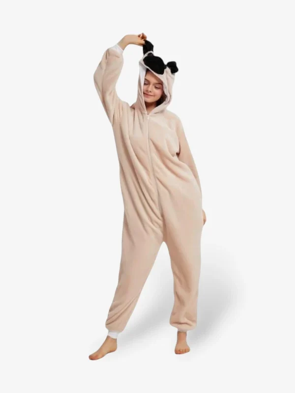 Woman playfully holding the ear of her comfortable Pug Onesie For Adults.