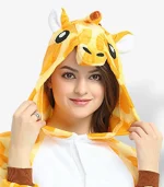 Close-up of the plush safari animal kigurumi hood showing cute ears, horns, and a smiling face.