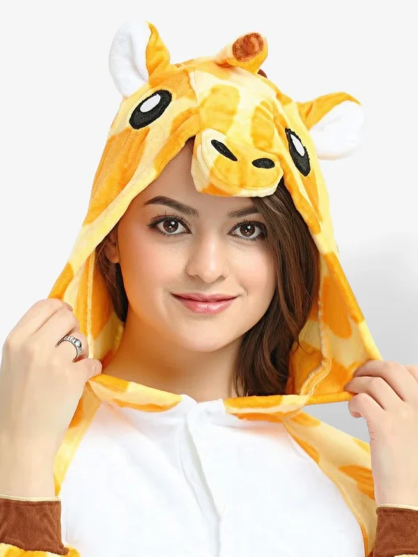 Close-up of the plush safari animal kigurumi hood showing cute ears, horns, and a smiling face.