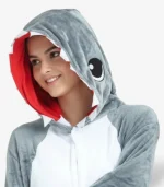 Close-up of the Shark Kigurumi hood featuring soft white teeth and a bright red interior.