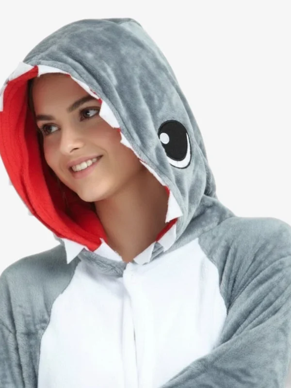 Close-up of the Shark Kigurumi hood featuring soft white teeth and a bright red interior.