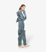Side profile of the warm Shark Pajamas displaying the attached dorsal fin and soft tail.
