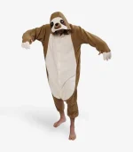 Man modeling the cozy Sloth Onesie for Adults with a relaxed fit.