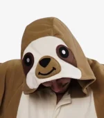 Close-up of the Sloth Onesie for Adults featuring a cute face design on the hood.