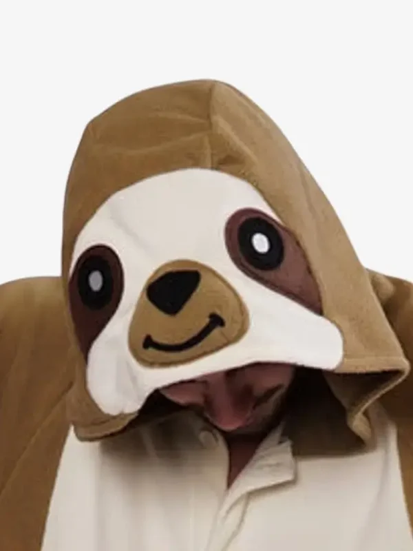Close-up of the Sloth Onesie for Adults featuring a cute face design on the hood.