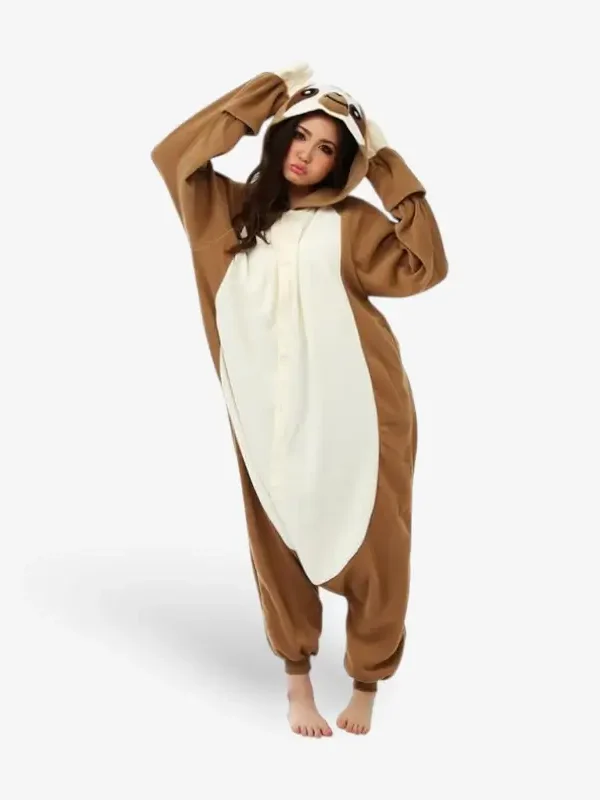 Woman wearing the comfortable brown Sloth Onesie for Adults pajama costume.