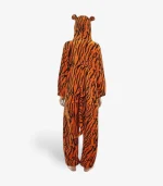 Back view of the striped tiger kigurumi showing the full orange and black pattern and attached tail.
