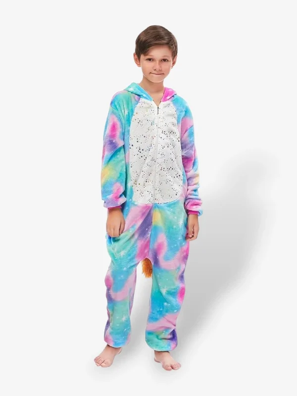 standing straight wearing a bright galaxy-patterned Unicorn Onesie for Kids against a light background.